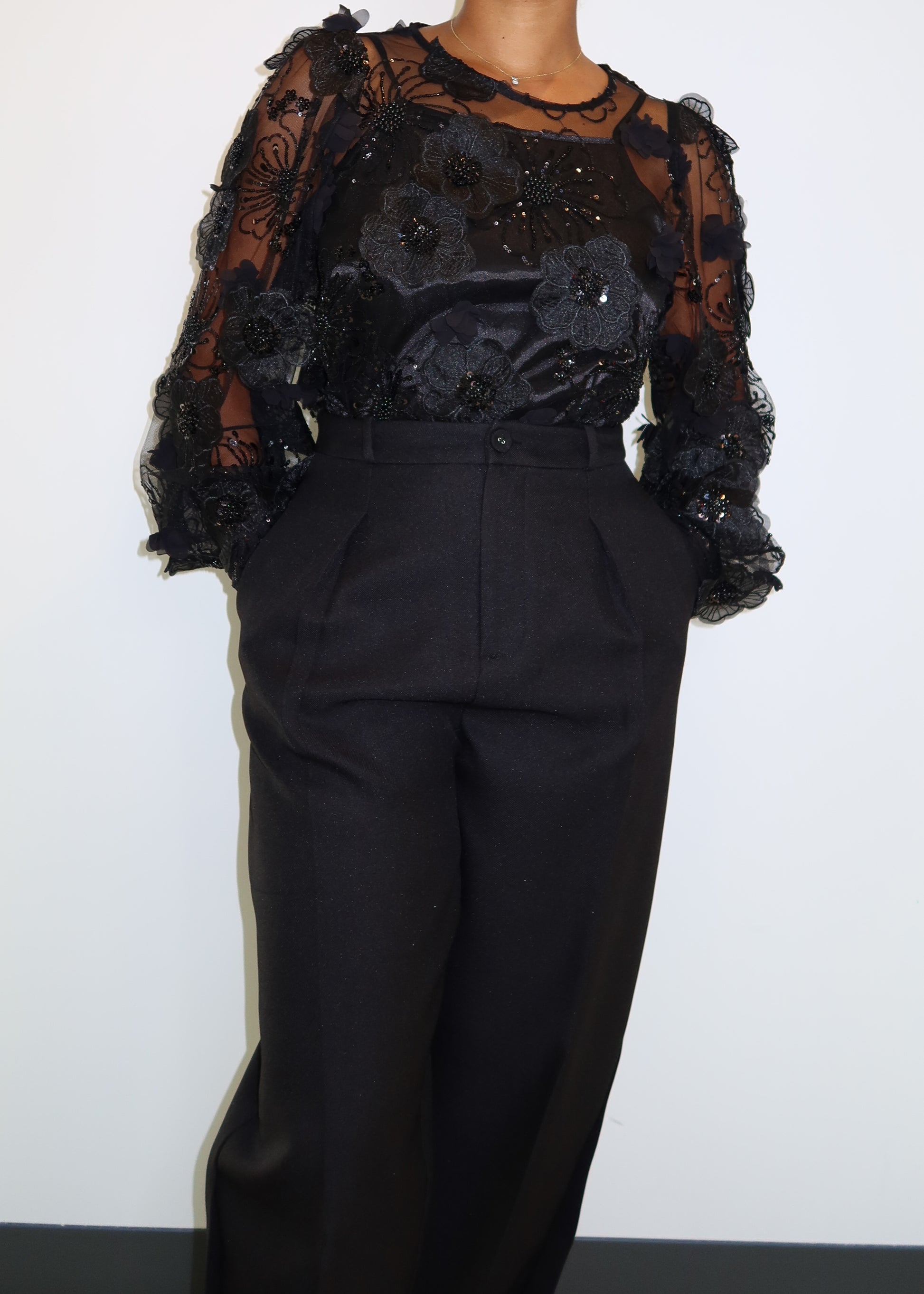 Evening party blouse
Elegant dinner outfit
Wedding guest top
Black tie event fashion
Formal gala outfit
Holiday party wear
Luxury event blouse
Sheer embroidered blouse
floral appliqué top
Beaded mesh blouse
Long sleeve illusion top
Statement black blouse
Lace and tulle blouse
Handcrafted couture top
High-fashion statement piece
Dramatic evening wear
Elegant and sophisticated look
Luxe embroidered fashion
Gothic glamour vibes
Red carpet-worthy top
Feminine yet bold fashion