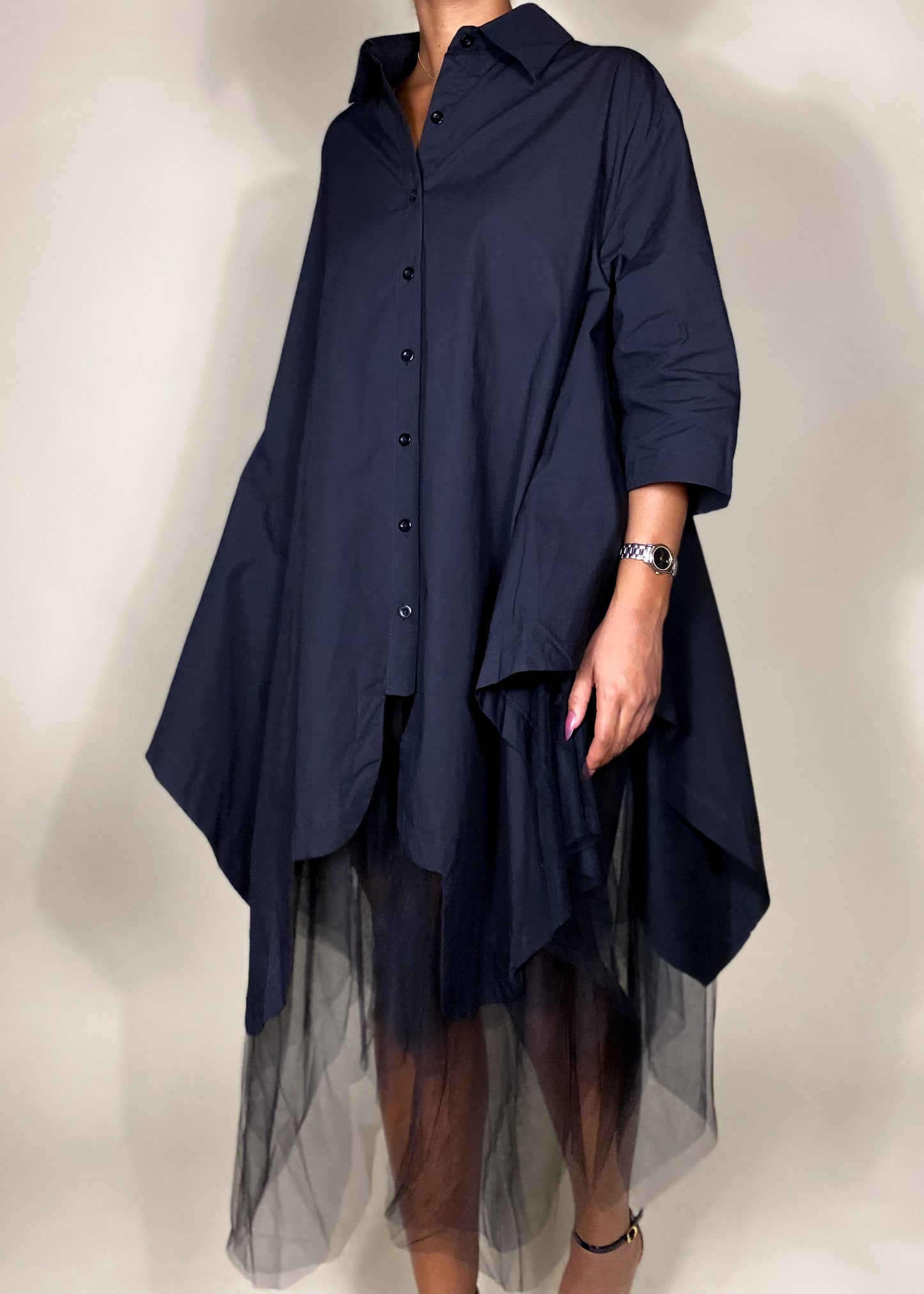 Black Tulle Button Down