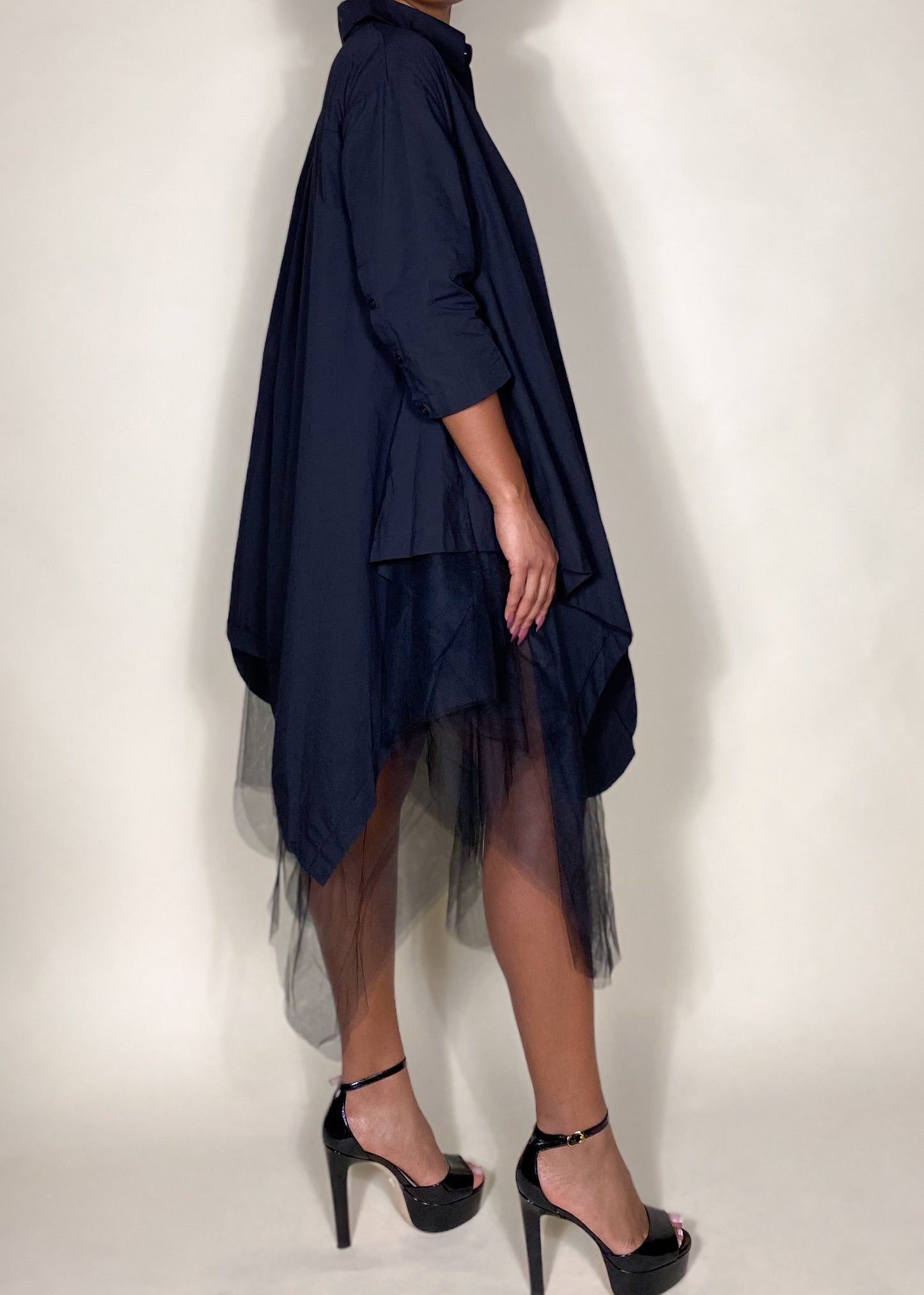 Black Tulle Button Down