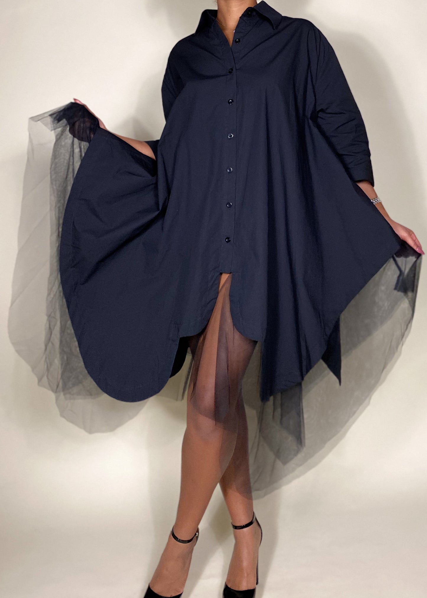 Black Tulle Button Down