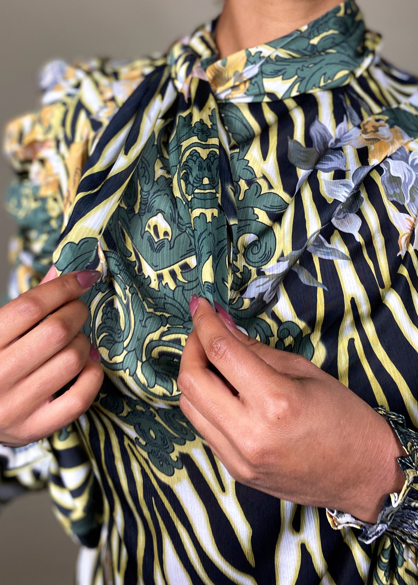 Workwear blouse
Business casual top
Evening dinner outfit
Special occasion blouse
Elegant office wear
Formal event fashion
Statement blouse for parties
High-neck puff sleeve blouse
Abstract print top
Ruffle detail blouse
Baroque-inspired fashion
Vintage chic blouse
Flowing long sleeve top
Dramatic statement blouse
Bold and sophisticated
Artistic and trendy
Vintage elegance
Modern bohemian fashion
Luxe and stylish
Feminine yet powerful
High-fashion blouse