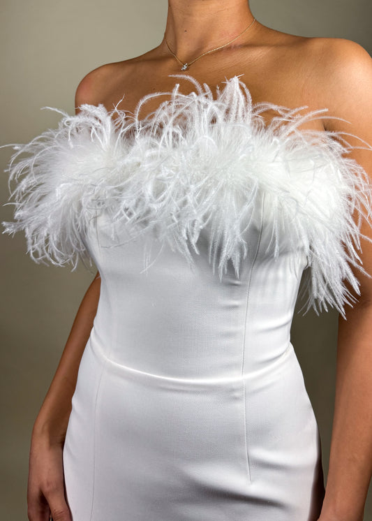 White wedding reception dress
Elegant birthday party gown
Red carpet-inspired evening dress
Bridal shower and engagement party dress
New Year’s Eve glam dress
Strapless feather corset gown
Chic satin high-slit dress
Luxurious white formal evening wear
Hollywood-inspired elegant dress
Classy and sexy floor-length dress
White feather trim gown
Elegant strapless evening dress
High-slit formal dress
Glamorous white maxi dress
Luxury off-shoulder feather gown