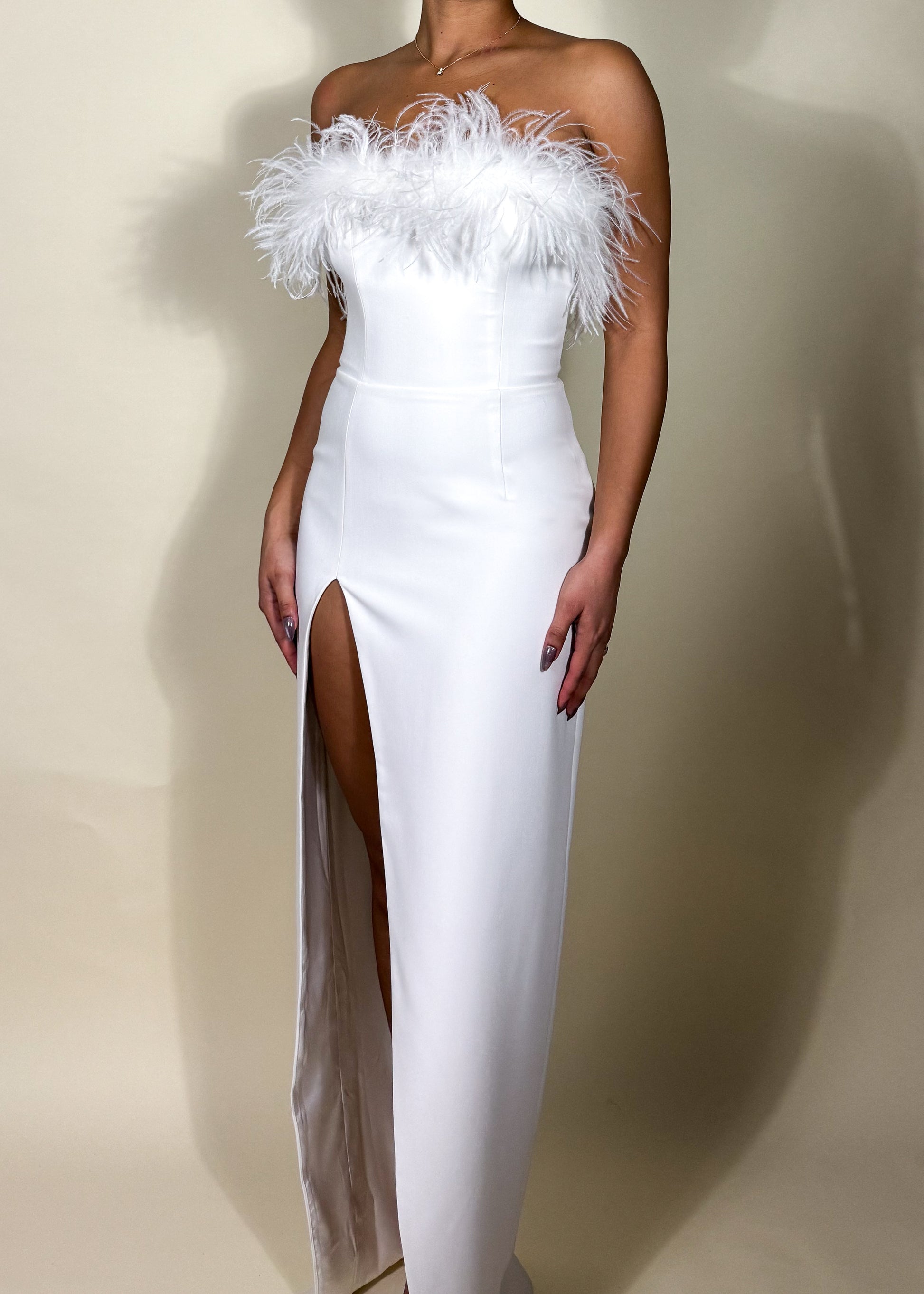 White wedding reception dress
Elegant birthday party gown
Red carpet-inspired evening dress
Bridal shower and engagement party dress
New Year’s Eve glam dress
Strapless feather corset gown
Chic satin high-slit dress
Luxurious white formal evening wear
Hollywood-inspired elegant dress
Classy and sexy floor-length dress
White feather trim gown
Elegant strapless evening dress
High-slit formal dress
Glamorous white maxi dress
Luxury off-shoulder feather gown