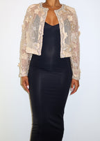 Elegant evening jacket
Formal event outerwear
Wedding guest cover-up
Gala or red carpet outfit
Luxury dinner party attire
Mother of the bride jacket
Special occasion layering piece
Statement jacket for high-end events
Sheer embroidered jacket
Beaded floral embellishments
Luxury couture bolero
Handcrafted detailing
Lightweight formal cover-up
Beaded and sequin appliqué
Delicate sheer fabric
Elegant cropped jacket
Vintage-inspired elegance
Romantic and feminine
Timeless couture fashion
Chic and sophisticated