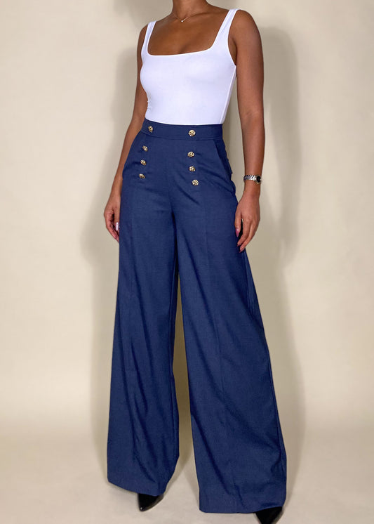 Business casual trousers
Office wear wide-leg pants
Elegant formal pants
Chic everyday workwear
Brunch outfit idea
Classy date night trousers
High-waisted sailor pants
Wide-leg button detail trousers
Tailored structured pants
Nautical-inspired fashion
Statement gold button trousers
Vintage-inspired high-rise pants
Sophisticated modern fashion
Elegant minimalist outfit
Parisian chic aesthetic
Classic retro-inspired pants
Polished timeless fashion
Power dressing ensemble
