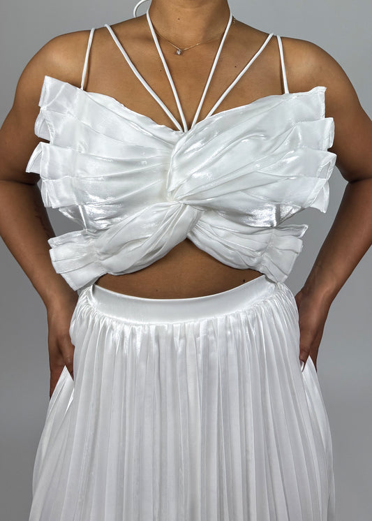 Summer party outfit
Wedding guest dress alternative
Beach vacation outfit
Resort wear look
Formal event ensemble
Garden party fashion
Bohemian chic outfit
Pleated maxi skirt
Bow tie crop top
Delicate spaghetti straps
Flowy satin skirt
Lightweight fabric set
Draped top design
Feminine two-piece outfit
Ethereal fashion
Romantic fashion
Chic and sophisticated
Elegant resort style
Dreamy feminine look
Graceful and flowy outfit
Timeless elegance
Modern goddess aesthetic
Statement two-piece outfit