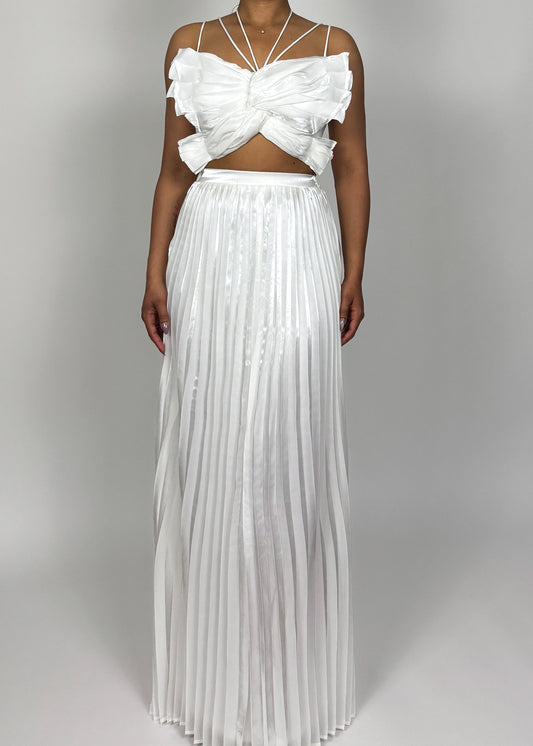 Summer party outfit
Wedding guest dress alternative
Beach vacation outfit
Resort wear look
Formal event ensemble
Garden party fashion
Bohemian chic outfit
Pleated maxi skirt
Bow tie crop top
Delicate spaghetti straps
Flowy satin skirt
Lightweight fabric set
Draped top design
Feminine two-piece outfit
Ethereal fashion
Romantic fashion
Chic and sophisticated
Elegant resort style
Dreamy feminine look
Graceful and flowy outfit
Timeless elegance
Modern goddess aesthetic
Statement two-piece outfit