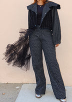 Statement evening pants
High-fashion runway trousers
Edgy streetwear bottoms
Party-ready unique pants
Avant-garde event outfit
Fashion-forward cocktail attire
Wide-leg herringbone pattern pants
Tulle-embellished statement trousers
Asymmetrical layered pants
High-waisted structured pants
Zipper-detailed fashion trousers
Textured fabric statement bottoms
Dramatic avant-garde fashion
High-fashion editorial look
Experimental edgy couture
Bold asymmetrical style
Fashion-forward artistic design
Unique layered 