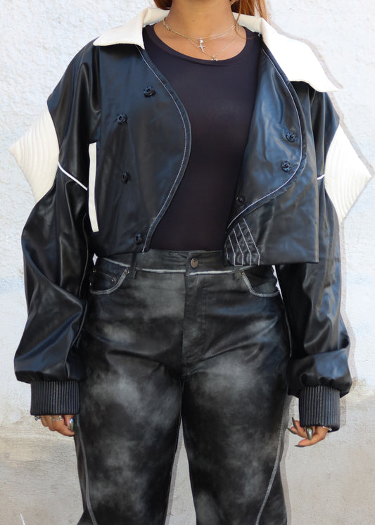 Streetwear, Casual wear, Urban fashion, Night out, Statement outfit, Fashion-forward looks, Faux leather jacket, Contrast panel design, Quilted shoulder details, Asymmetrical stitching, Oversized fit, Zip-up closure, Structured,  Leather bomber jacket, Oversized leather jacket, Statement outerwear, Designer-inspired jacket, High-fashion streetwear, Trendy fall jacket, Urban style jacket, Sporty luxe outerwear, Futuristic fashion, Black and white leather jacket, Athleisure-inspired jacket, Modern edgy 