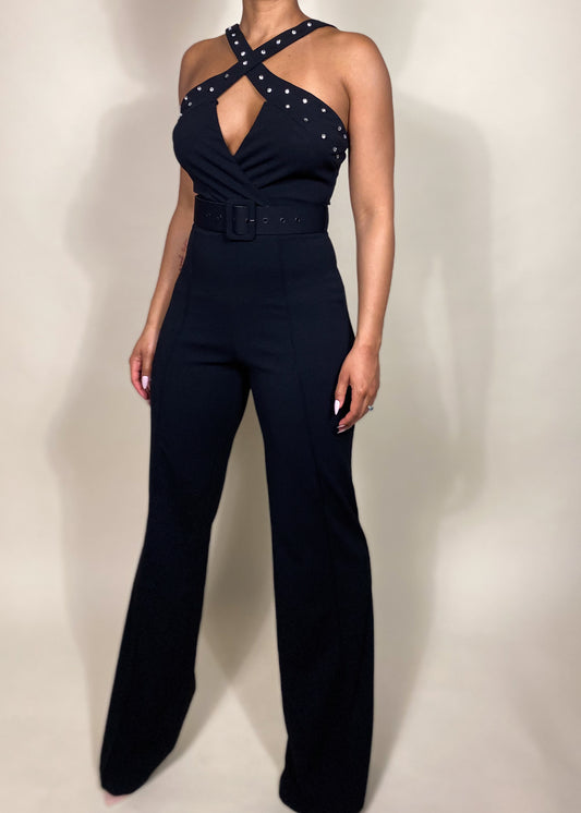 Elegant evening jumpsuit
Cocktail party outfit
Date night fashion
Formal event jumpsuit
Red carpet look
Wedding guest jumpsuit
Stylish partywear
Birthday celebration outfit
Chic clubwear outfit
Black tie event jumpsuit
Studded halter jumpsuit
Cross-neck jumpsuit
Belted waist jumpsuit
Wide-leg jumpsuit
Sleeveless evening jumpsuit
High-waisted jumpsuit
Tailored fit jumpsuit
Statement fashion piece
Luxury fashion jumpsuit
Glamorous black jumpsuit
Modern edgy fashion
Sophisticated yet bold
Sexy yet elegant 
