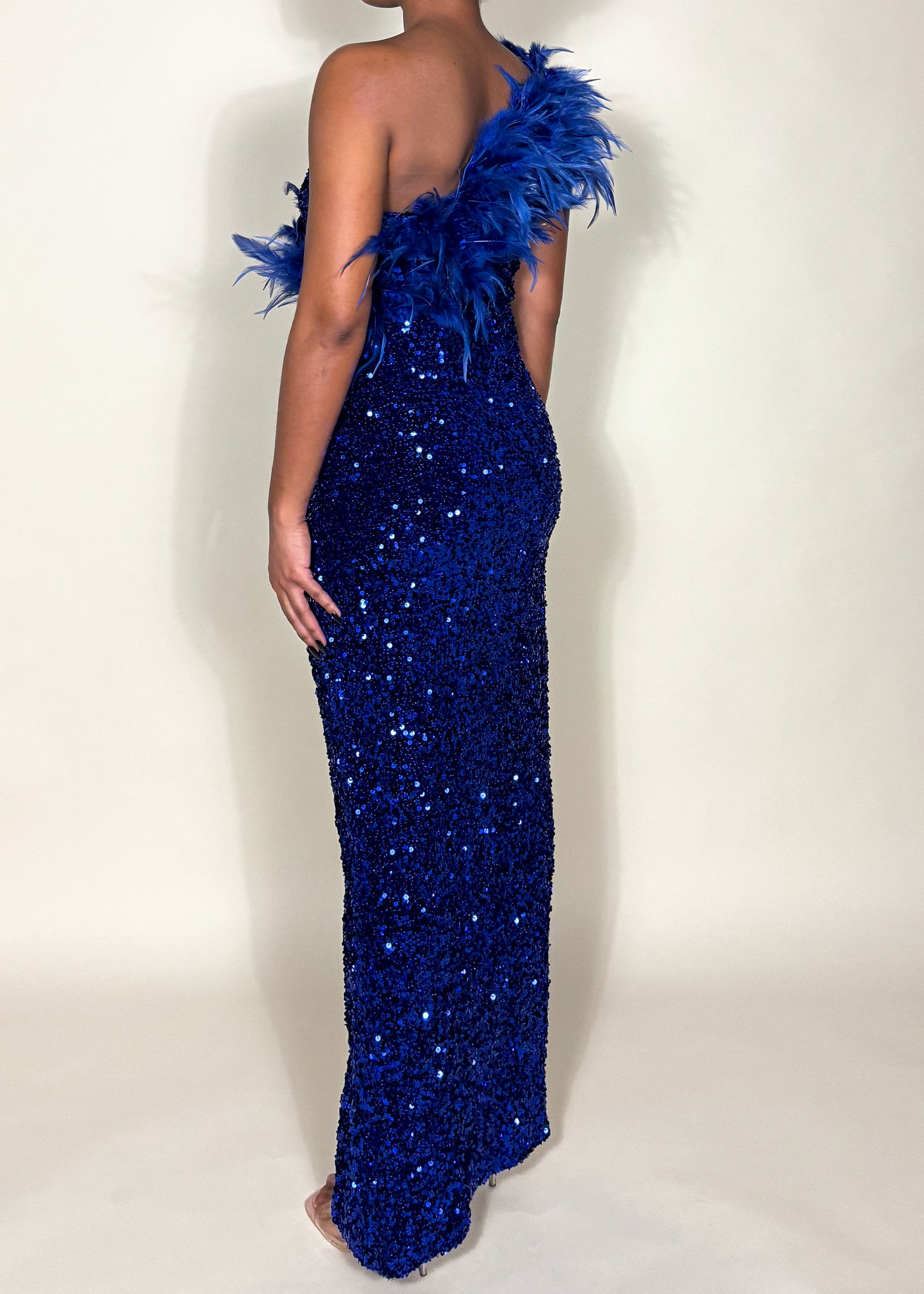 Bea Blue Sequins Feather Gown