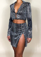 Party outfit
Night out fashion
Clubwear set
Cocktail party attire
Birthday outfit
Special occasion look
Evening glam outfit
Sequin two-piece set
Cropped blazer top
High-slit mini skirt
Glittery matching set
Long sleeve blazer crop top
Sparkly embellished skirt
metallic outfit
Glamorous fashion
Trendy and chic look
Bold and daring outfit
High-fashion aesthetic
Statement partywear
Sexy and sophisticated style
Modern evening ensemble