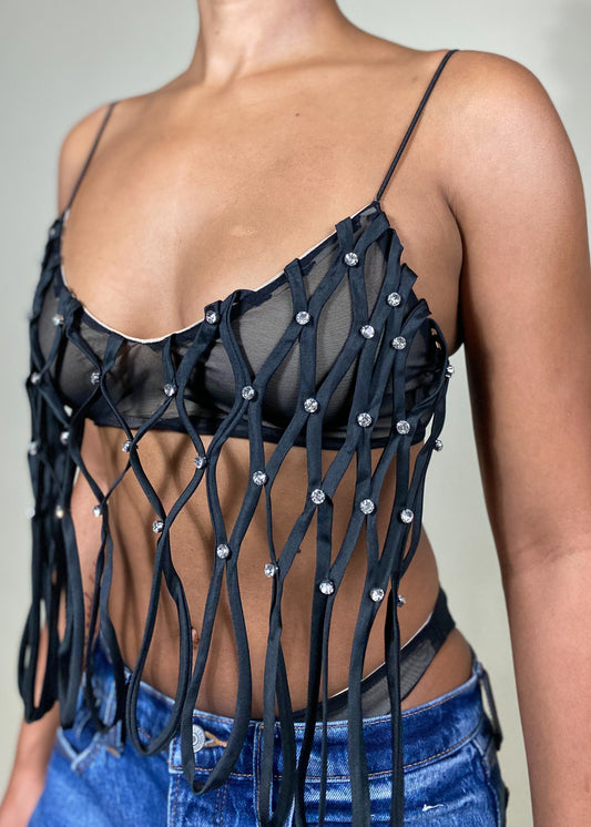 Festival outfit top
Clubwear bralette
Party crop top
Concert outfit ideas
Rave festival fashion
Night out top
Edgy fashion
Bold statement outfit
Y2K aesthetic top
Trendy streetwear
Futuristic fashion
Glam rock style
Alternative clubwear
Fringe bralette
Strappy embellished top
Sheer mesh crop top
Rhinestone studded top
Sexy cutout bralette
Statement piece top
