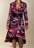 Power dressing statement look
High-fashion night out outfit
Elegant yet bold gala outfit
Fall/Winter luxury coat dress
Runway-inspired eveningwear
Tailored satin longline blazer
Double-breasted structured dress
High-low hemline statement coat
Black patent corset belt detail
Swirl print power dressing pieceEdgy satin blazer dress
Abstract swirl print coat dress
High-low structured blazer dress
Bold belted trench-inspired dress
Luxe avant-garde fashion