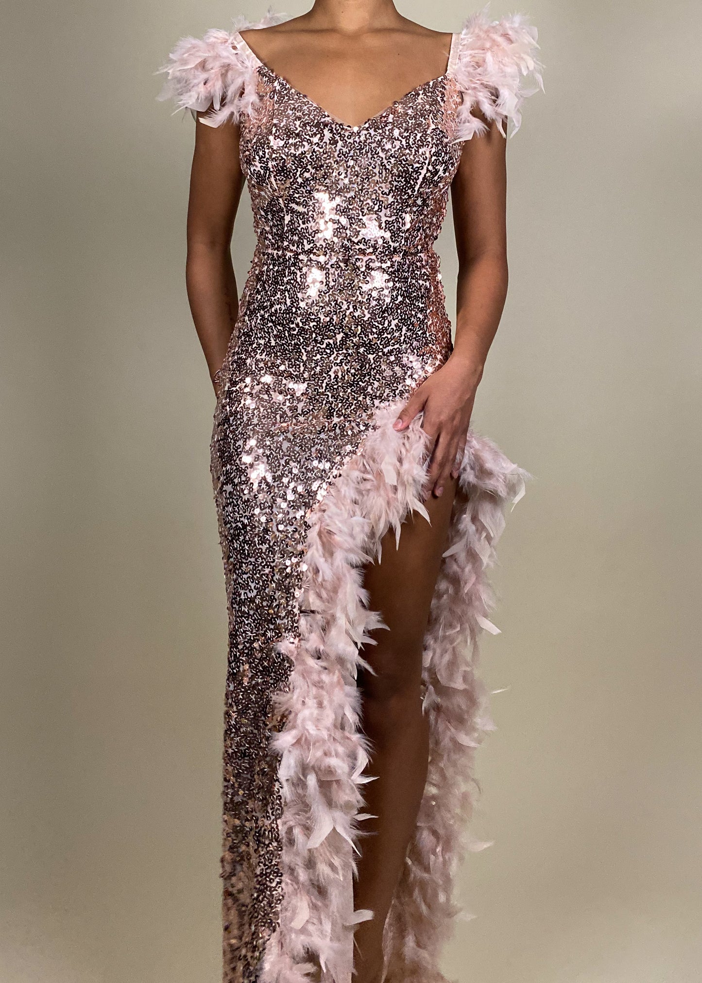 Pink Sequins Feather Gown