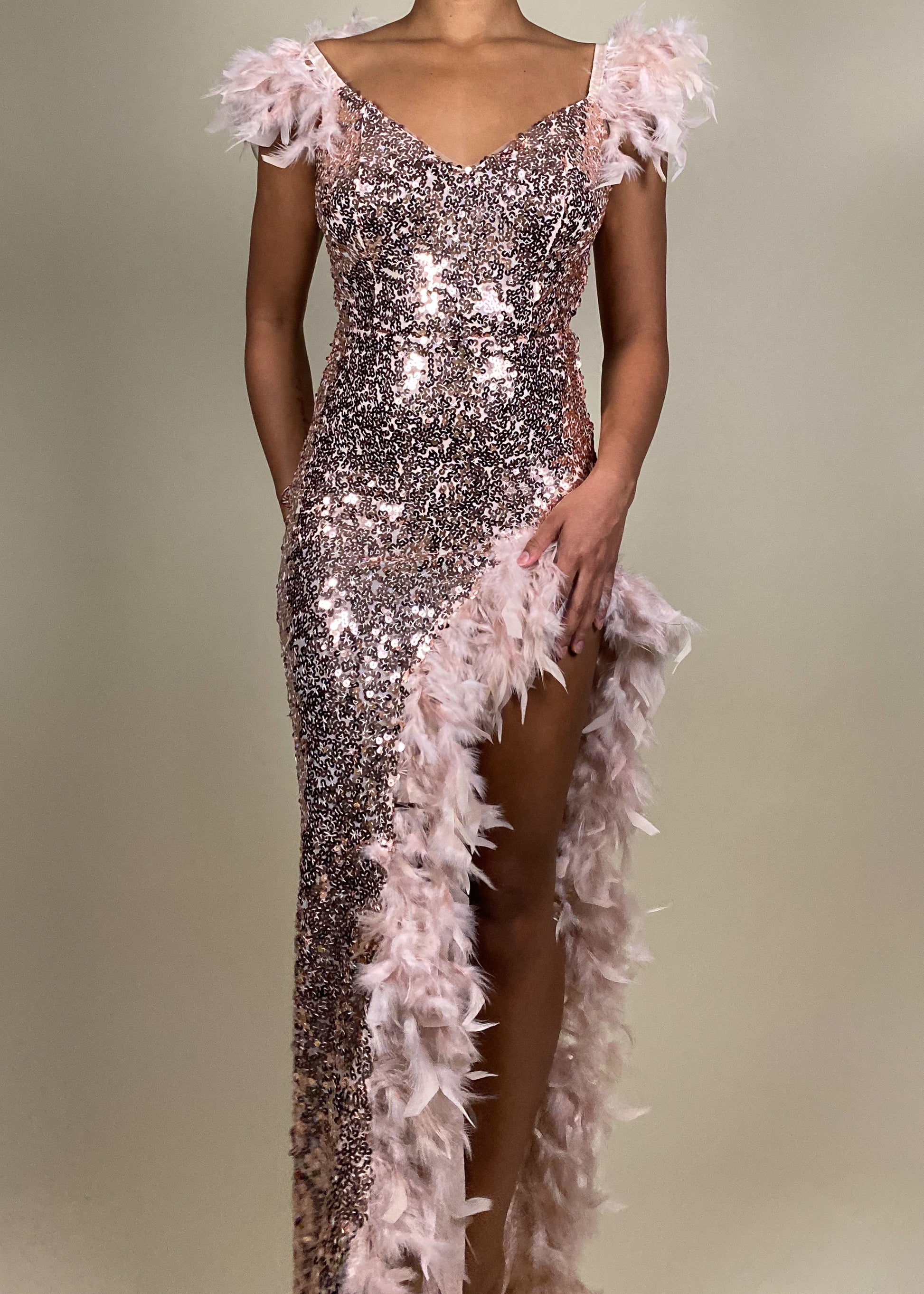 gala dress
Red carpet-inspired gown
Wedding reception evening dress
High-slit party dress 2025
 glam feather dress
V-neck feather accent gown
Asymmetrical high-slit sequin dress
Dramatic sparkle & feather gown
evening dress
 couture runway dress
Rose gold sequin evening gown
Glamorous feather-trim dress
Sparkly high-slit dress
Luxury embellished gown
Elegant couture evening dress